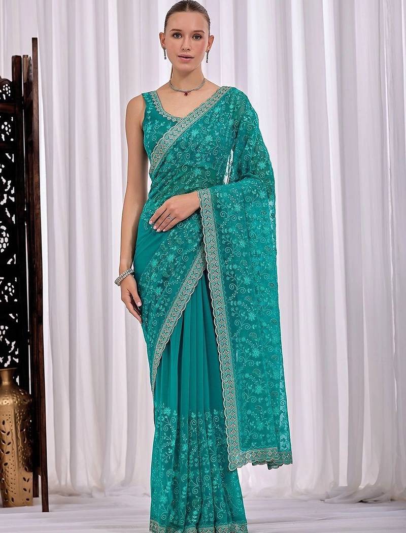 Teal women floral embroidered  chiffon saree