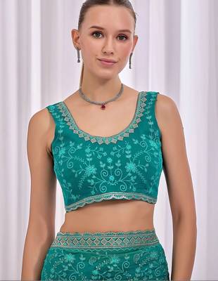 Teal women floral embroidered  chiffon saree 4