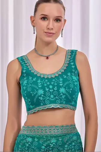 Teal women floral embroidered  chiffon saree