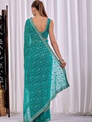 Teal women floral embroidered  chiffon saree 5