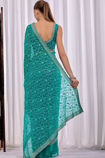 Teal women floral embroidered  chiffon saree