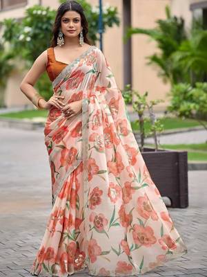 Peach floral sequinned organza saree 1