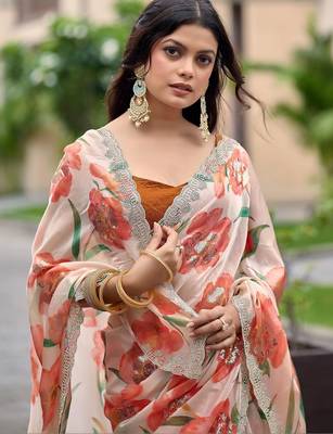 Peach floral sequinned organza saree 2