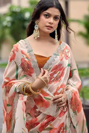 Peach floral sequinned organza saree