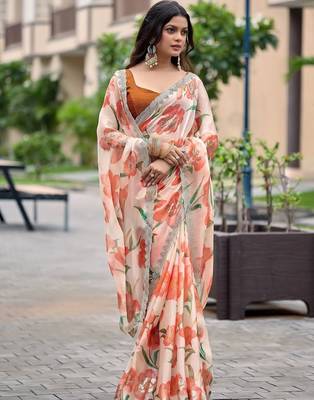 Peach floral sequinned organza saree 3