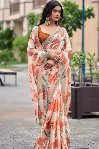 Peach floral sequinned organza saree