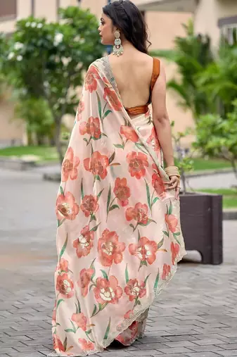 Peach floral sequinned organza saree