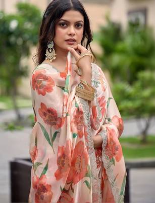 Peach floral sequinned organza saree 5