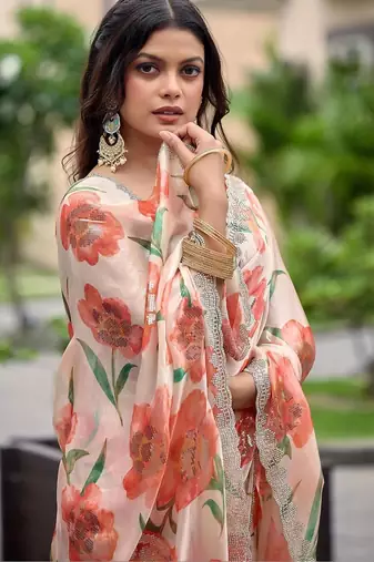 Peach floral sequinned organza saree