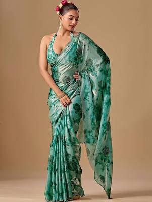 Teal floral beads and stones organza saree 1
