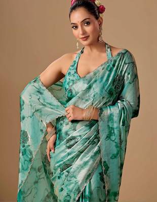 Teal floral beads and stones organza saree 2