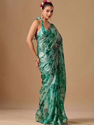Teal floral beads and stones organza saree 3