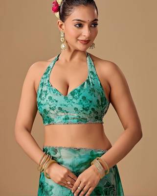 Teal floral beads and stones organza saree 4