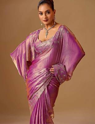 Purple embellished beads and stones organza heavy work saree 1