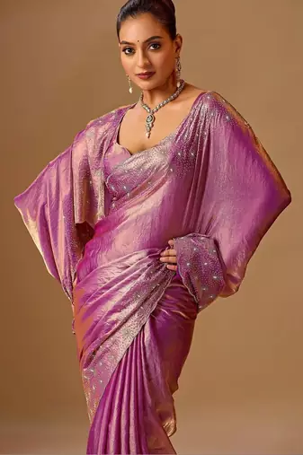Purple embellished beads and stones organza heavy work saree