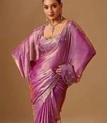 Purple embellished beads and stones organza heavy work saree