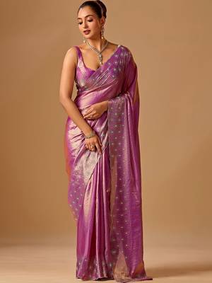 Purple embellished beads and stones organza heavy work saree 2