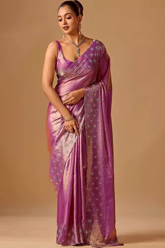 Purple embellished beads and stones organza heavy work saree