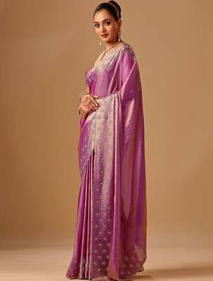 Purple embellished beads and stones organza heavy work saree 3