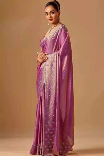 Purple embellished beads and stones organza heavy work saree