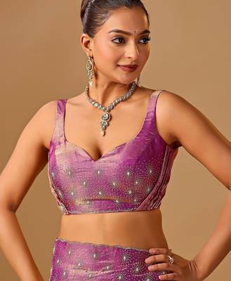 Purple embellished beads and stones organza heavy work saree 4