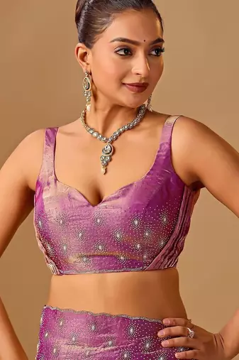 Purple embellished beads and stones organza heavy work saree