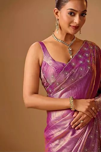 Purple embellished beads and stones organza heavy work saree