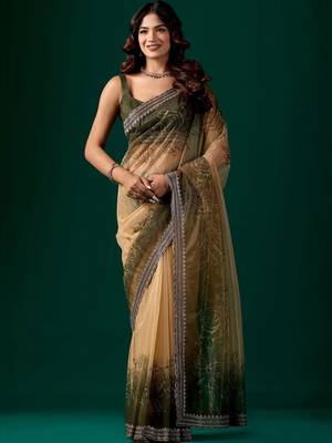 Green ombre beads and stones tissue saree 1