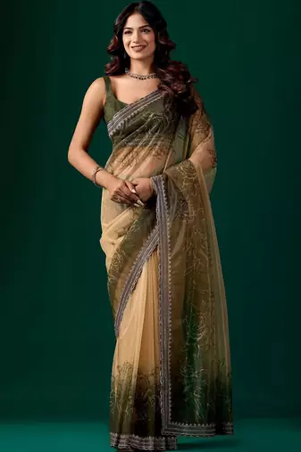 Green ombre beads and stones tissue saree