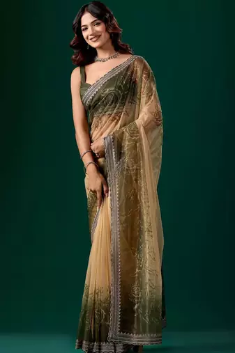 Green ombre beads and stones tissue saree