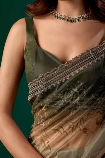 Green ombre beads and stones tissue saree