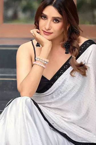 White embellished embroidered silk blend saree