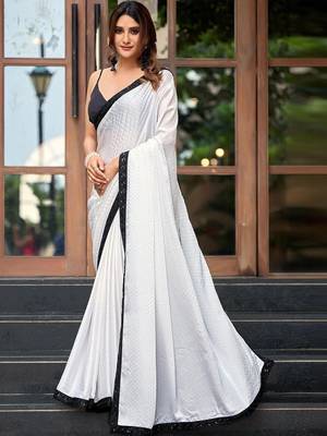 White embellished embroidered silk blend saree 3