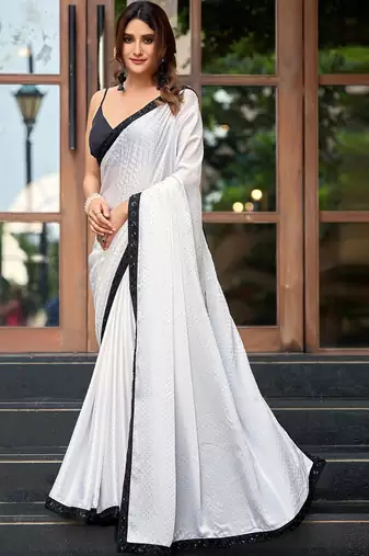 White embellished embroidered silk blend saree