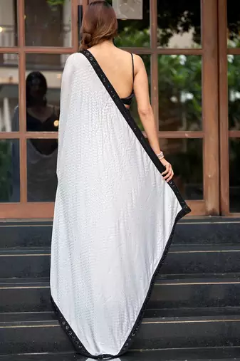 White embellished embroidered silk blend saree