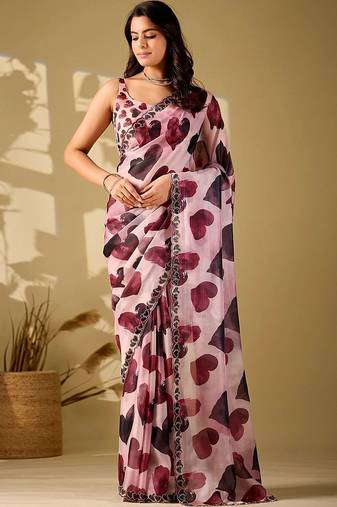 Pink beads and stones organza saree