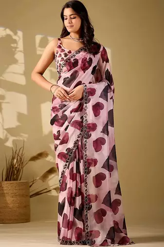 Pink beads and stones organza saree