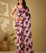 Pink beads and stones organza saree