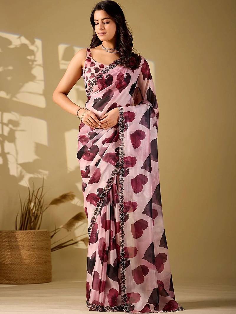 Pink beads and stones organza saree