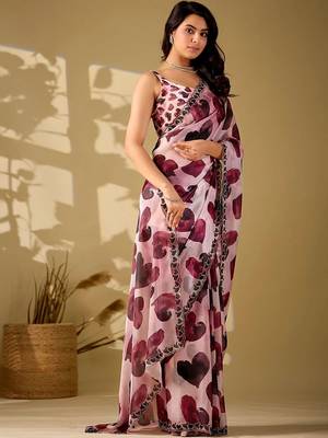Pink beads and stones organza saree 2