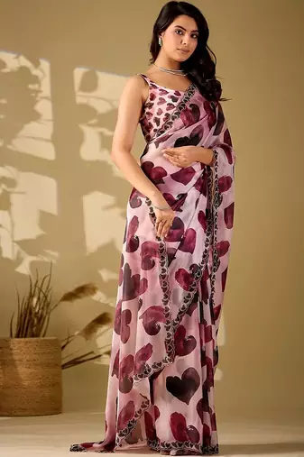 Pink beads and stones organza saree