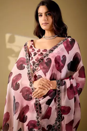 Pink beads and stones organza saree