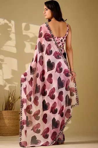 Pink beads and stones organza saree
