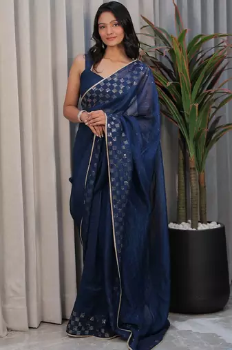 Navy blue embellished sequinned tissue saree