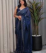 Navy blue embellished sequinned tissue saree