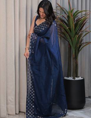 Navy blue embellished sequinned tissue saree 4
