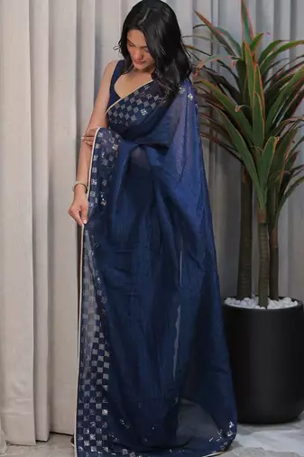 Navy blue embellished sequinned tissue saree