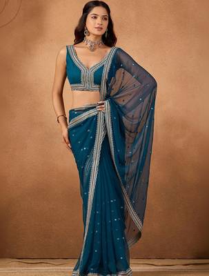 Blue floral embroidered  chiffon saree 1
