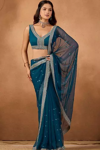 Blue floral embroidered  chiffon saree