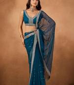 Blue floral embroidered  chiffon saree